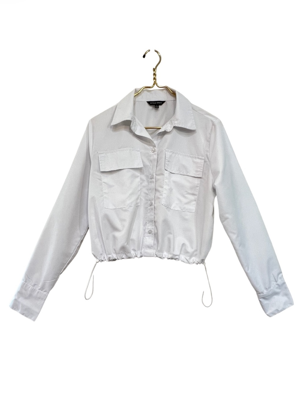 Style Envy White Cropped Collared Pullover Shirt Drawcord Hem Large
